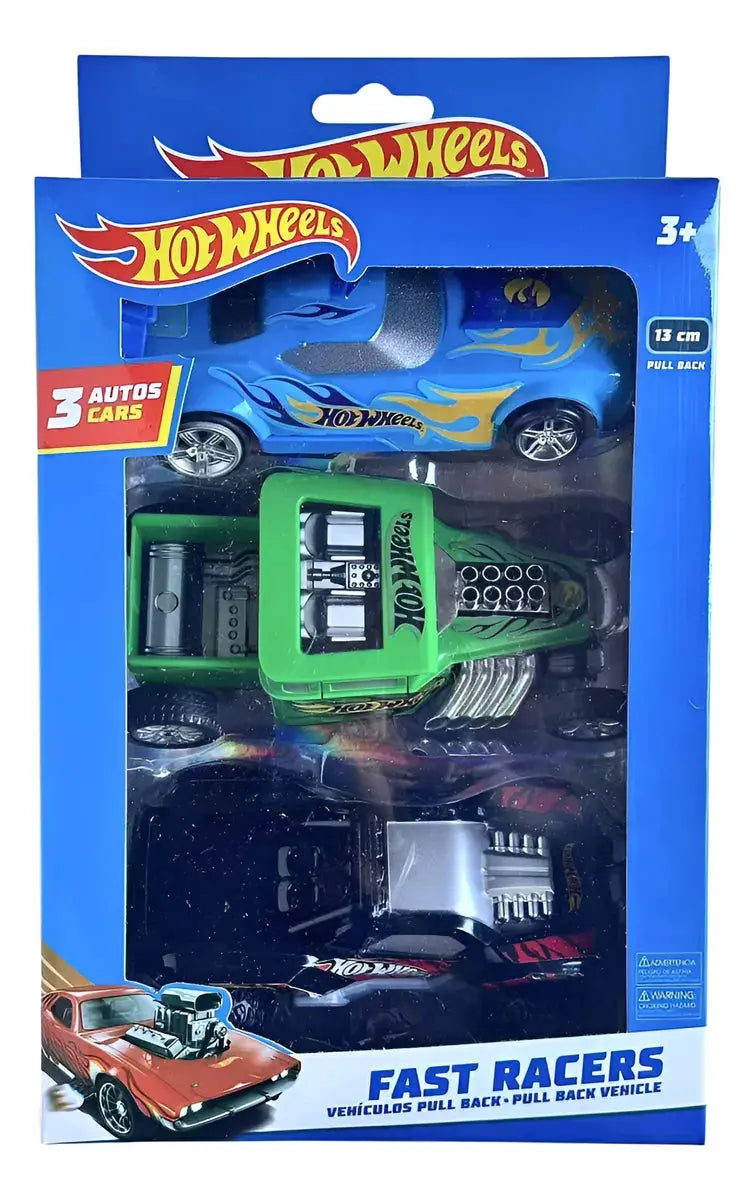 Set de 3 Carros Pull Back Fast Racers Verde - Azul - Negro Hot Wheels en oferta outlet Colombia saldos a huevo