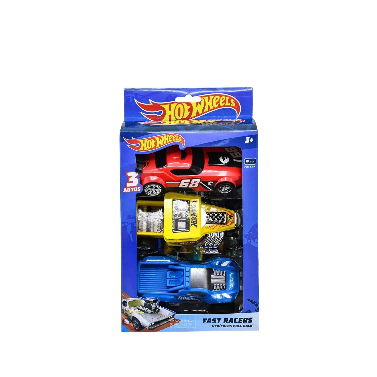 Set de 3 Carros Pull Back Fast Racers azul - amarillo - rojo Hot Wheels en oferta outlet Colombia saldos a huevo
