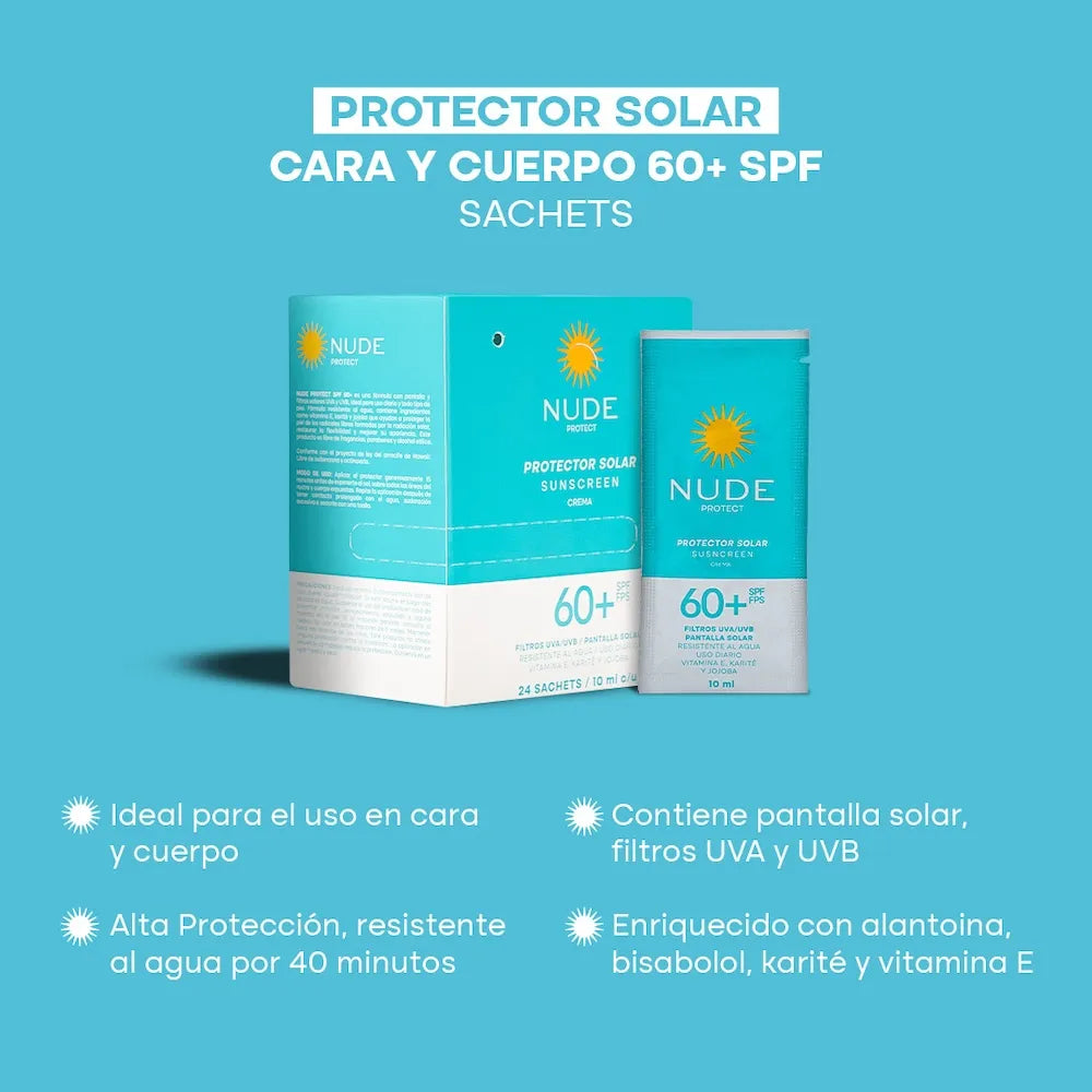 Protector Solar Nude Facial y Corporal SPF 60 de 10 ml x 24 Sachets en oferta outlet Colombia saldos a huevo