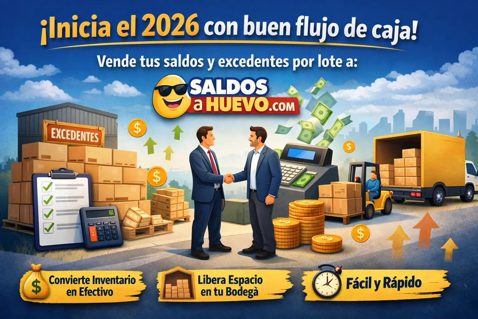 Inicia el 2026 con buen flujo de caja: vende tus saldos y excedentes por lote a Saldos a Huevo Saldos A Huevo