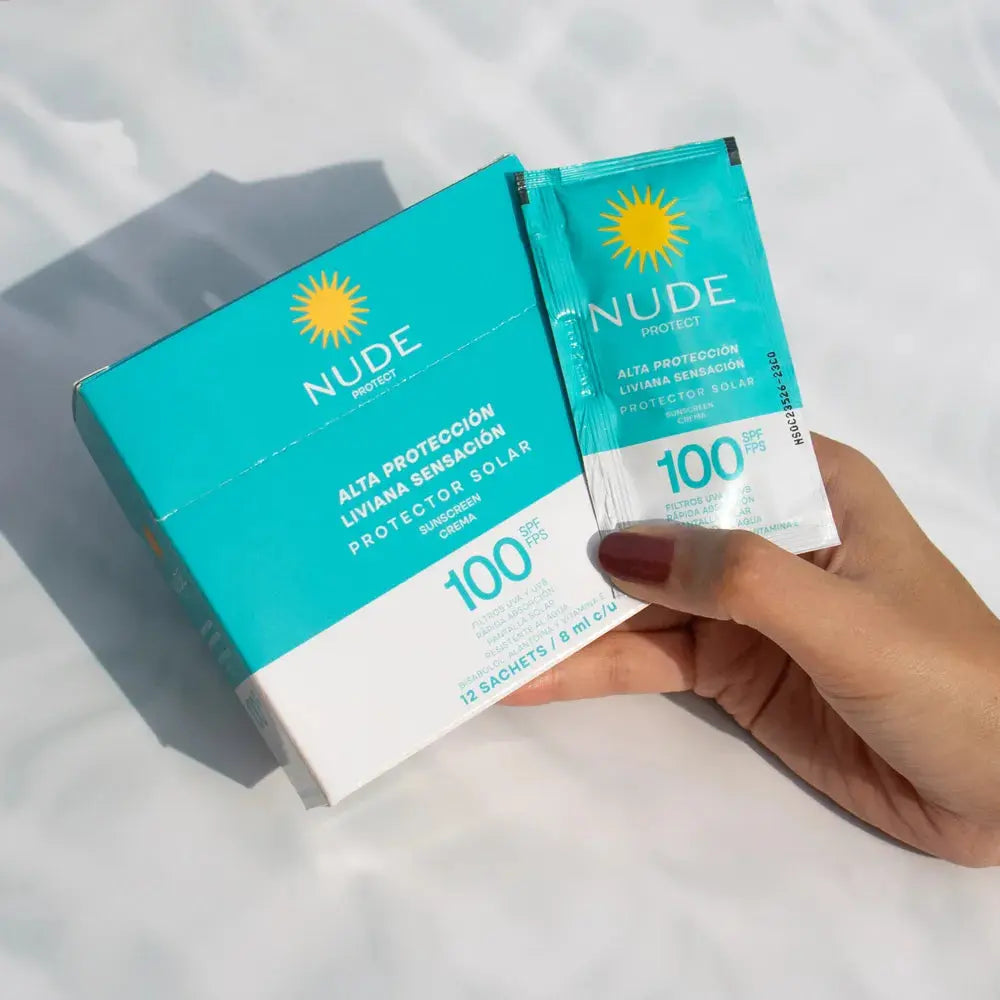 Protector Solar Nude Corporal SPF 100 Caja x 12 Sachets en oferta outlet Colombia saldos a huevo