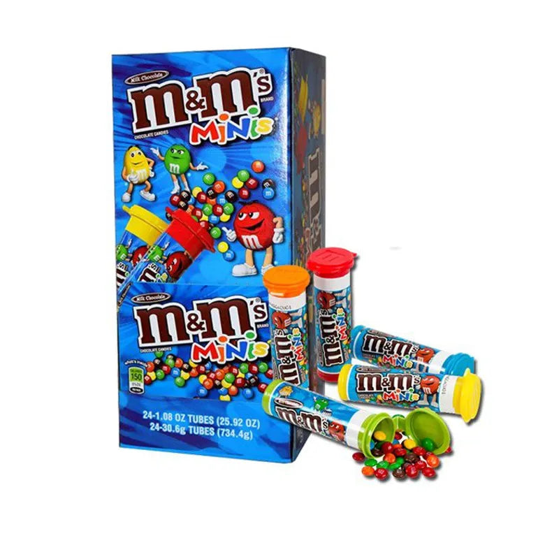 Chocolates M&M Mini Tubo Caja x 24 unidades en oferta outlet Colombia saldos a huevo